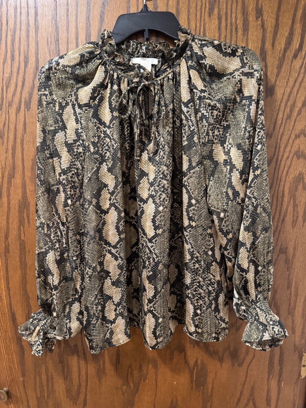 H&M Snake-Print Ruffle Tie-Neck Blouse in Beige and Black